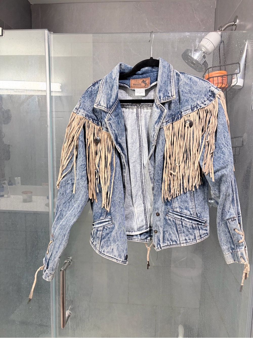 Vintage Light Blue Acid Wash Denim Jacket with Tan Fringe